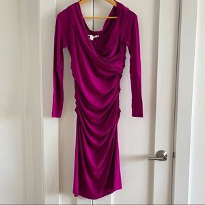 Magenta curve hugging long sleeved “Bentley” DVF dress with ruching